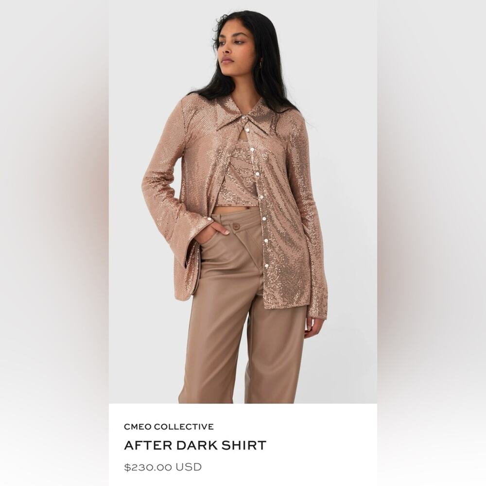 NWT C/Meo Collective After Dark Rose Gold Button Down Shirt Shiny Sparkly Sz XS